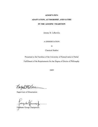 Aesop’s pen: adaptation, authorship, and satire in the Aesopic tradition [thesis]