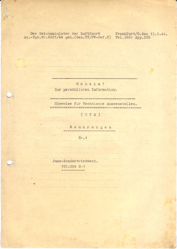 Hinweise fur Technische Aussenstellen Jumo 109.004 B1 [jet engine]