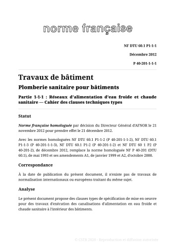 NF DTU 60.1 (P40-201) : Plomberie sanitaire pour bâtiments