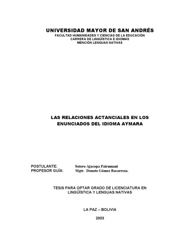 Las relaciones actanciales en los enunciados del idioma aymara