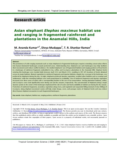 Asian elephant Elephas maximus habitat use and ranging in fragmented rainforest and plantations in the Anamalai Hills, India