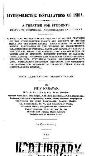 Hydro-electric Installations of India: A Treatise for Students, Useful to Engineers, Industrialists and Others