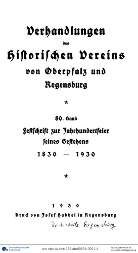 Verhandlungen des Historischen Vereins für Oberpfalz und Regensburg