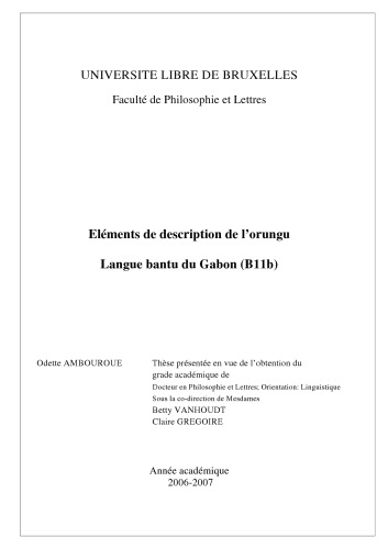 Eléments de Description de l’Orungu. Langue Bantu du Gabon
