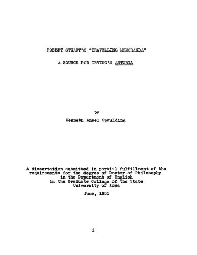 Robert Stuart's "Traveling Memoranda": A Source for Irving's Astoria