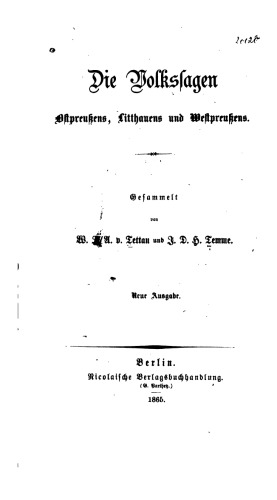 Die Volkssagen Ostpreußens, Litthauens [Litauens] und Westpreußens