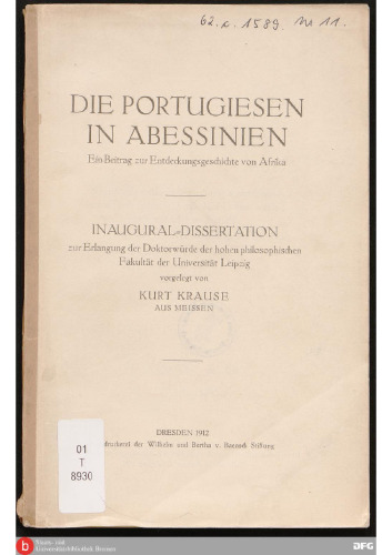 Die Portugiesen in Abessinien , ein Beitrag zur Entdeckungsgeschichte von Afrika