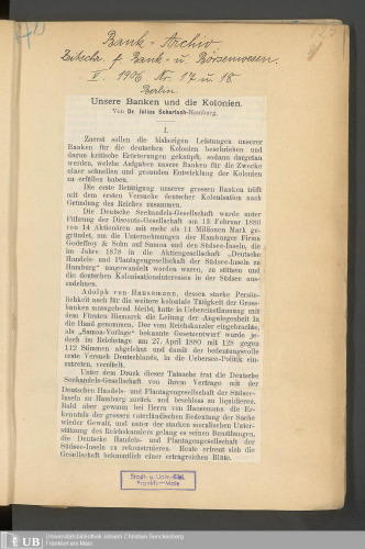 Unsere Banken und die Kolonien