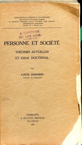 Personne et societe: Theories actuelles et essai doctrinal