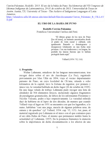 El uro de la bahía de Puno (ts’imu, familia Uru-Chipaya)