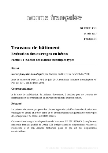 NF DTU 21 (P18-201) : Exécution des ouvrages en béton