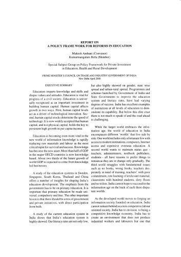 REPORT ON A POLICY FRAME WORK FOR REFORMS IN EDUCATION
