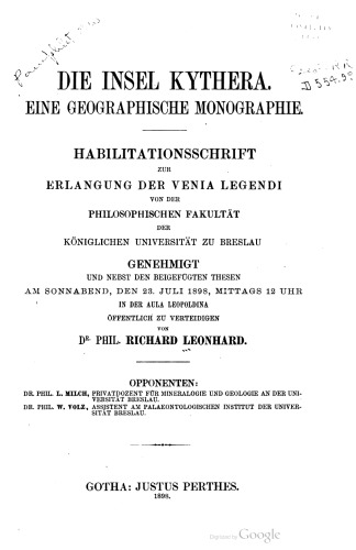 Die Insel Kythera : Eine geographische Monographie