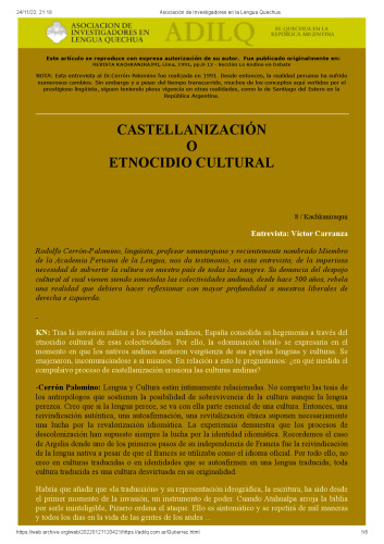 Castellanización o etnocidio cultural. Entrevista a Rodolfo Cerrón-Palomino [1991]