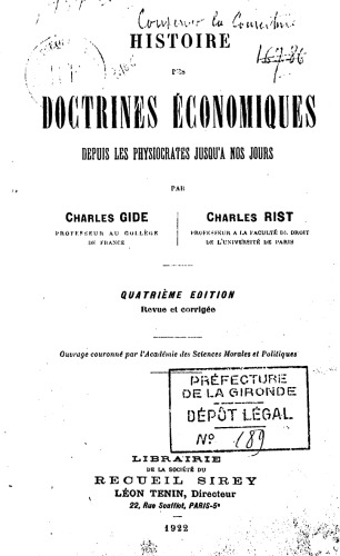 Histoire des doctrines economiques depuis les Physiocrates jusqu'a nos jours