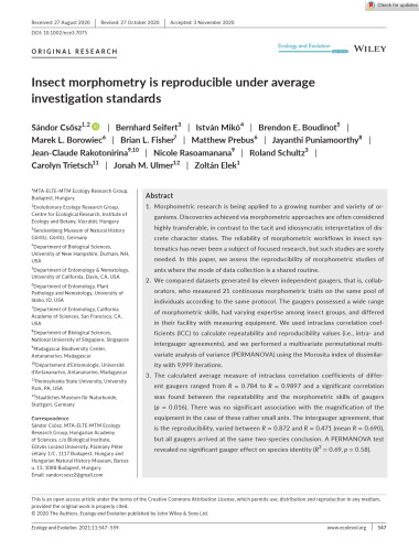 Insect morphometry is reproducible under average investigation standards