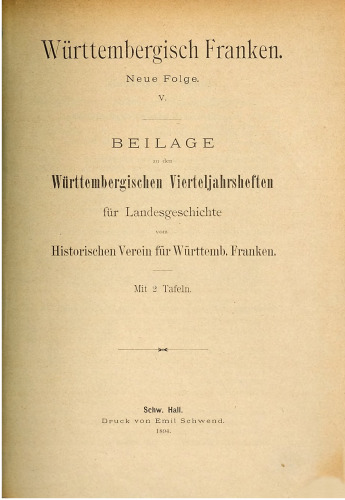 Württembergisch Franken Beilage vom Historischen Verein für das Württembergische Franken zu den WürttembergischenVierteljahresheften für Landesgeschichte