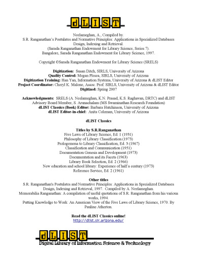 S. R. Ranganathan's Postulates and Normative Principles: Applications in specialized databases design, Indexing and Retrieval