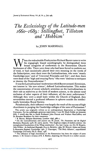 The Ecclesiology of the Latitude-men, 1660–1689: Stillingfleet, Tillotson, and “Hobbism”