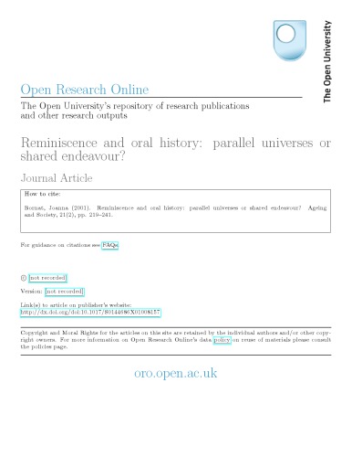 [Article] Reminiscence and Oral History: Parallel Universes or Shared Endeavour?