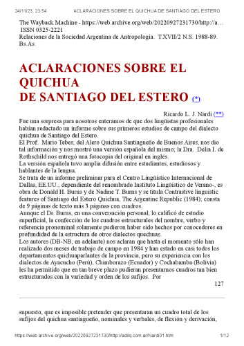 Aclaraciones sobre el quichua de Santiago del Estero (familia quechua)