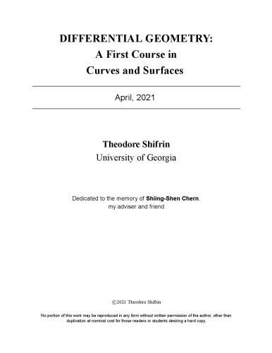 Differential geometry.. a first course in curves and surfaces