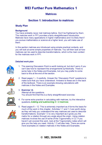 MEI FP1 Study Resources Further Pure Matrices 1-4