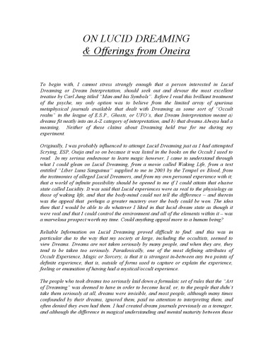 ON LUCID DREAMING & Offerings from Oneira