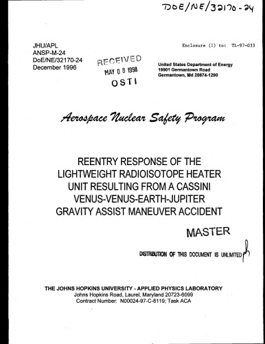 Reentry response of the lightweight radioisotope heater unit resulting from a Cassini Venus-Venus-Earth-Jupiter gravity assist maneuver accident