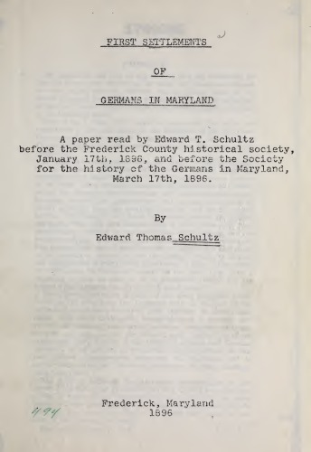 First Settlements of Germans in Maryland