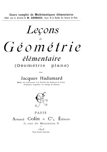 Leçons de géométrie élémentaire I (géométrie plane)