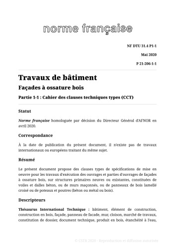 NF DTU 31.4 (P21-206) : Façades à ossature bois