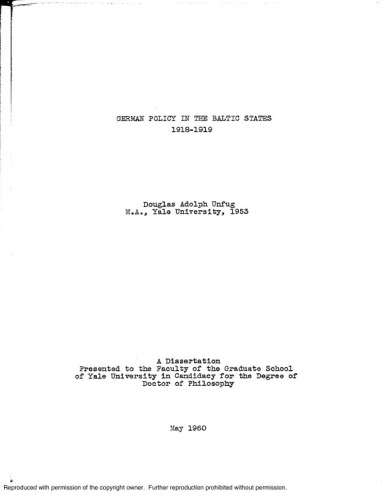 [Dissertation] German Policy in the Baltic States 1918-1919