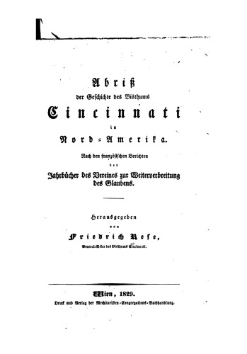 Abriß der Geschichte des Bistums Cincinnati in Nord-Amerika