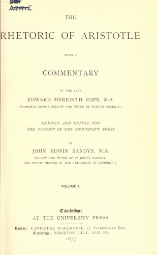 The Rhetoric of Aristotle vol.I