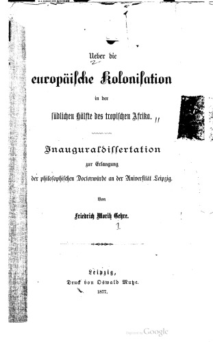 Über die europäische Kolonisation in der südlichen Hälfte des südlichen Afrikas