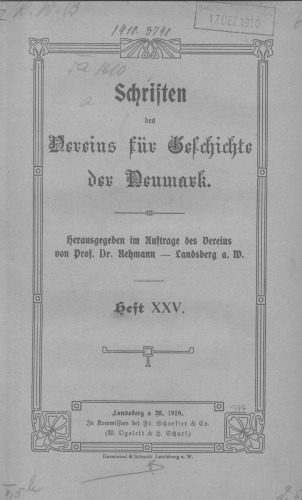 Schriften des Vereins für Geschichte der Neumark