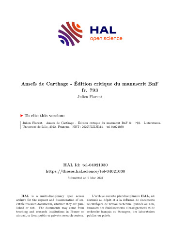 Anseïs de Carthage - Édition critique du manuscrit BnF fr. 793