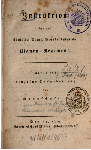 Instruktion für das Königlich Preuß. Bradenburgische Ulanen-Regiment