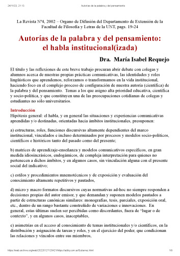 Autorías de la palabra y del pensamiento: el habla institucional(izada)
