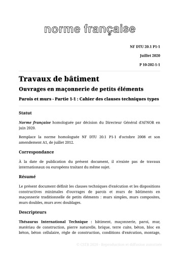 NF DTU 20.1 - Ouvrages en maçonnerie de petits éléments