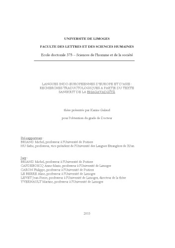 Langues indo-européennes d'Europe et d'Asie : recherches traductologiques à partir du texte sanskrit de la ''Bhagavadgita''