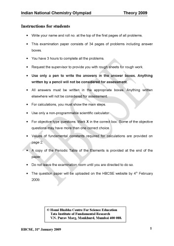 INChO 2009 Chemistry Question Paper from India Indian National Chemistry Olympiad