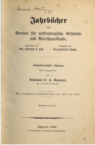 Jahrbücher des Vereins für mecklenburgische Geschichte und Altertumskunde