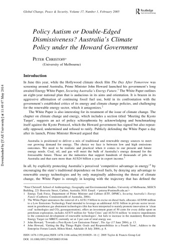 [Article] Policy autism or double-edged dismissiveness? Australia's climate policy under the Howard government