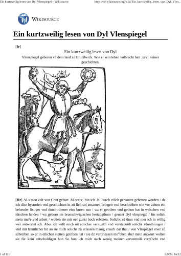 Ein kurtzweilig lesen von Dyl Vlenspiegel (Till Eulenspiegel 1515)
