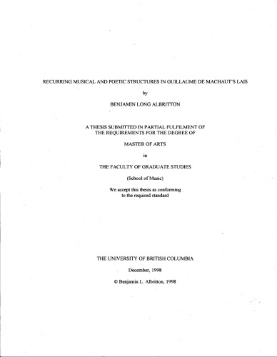 Recurring musical and poetic structures in Guillame de Machaut’s lais [diss.]
