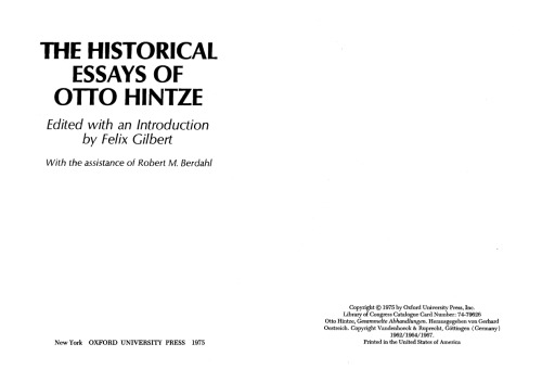 The Historical Essays of Otto Hintze