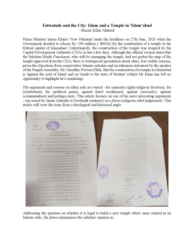 Fatwatude and the City: Islam and a Temple in 'Islam'abad