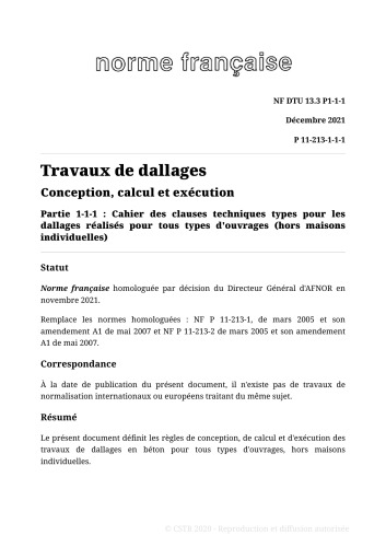NF DTU 13.3 (P11-213) : Travaux de dallages - Conception, calcul et exécution